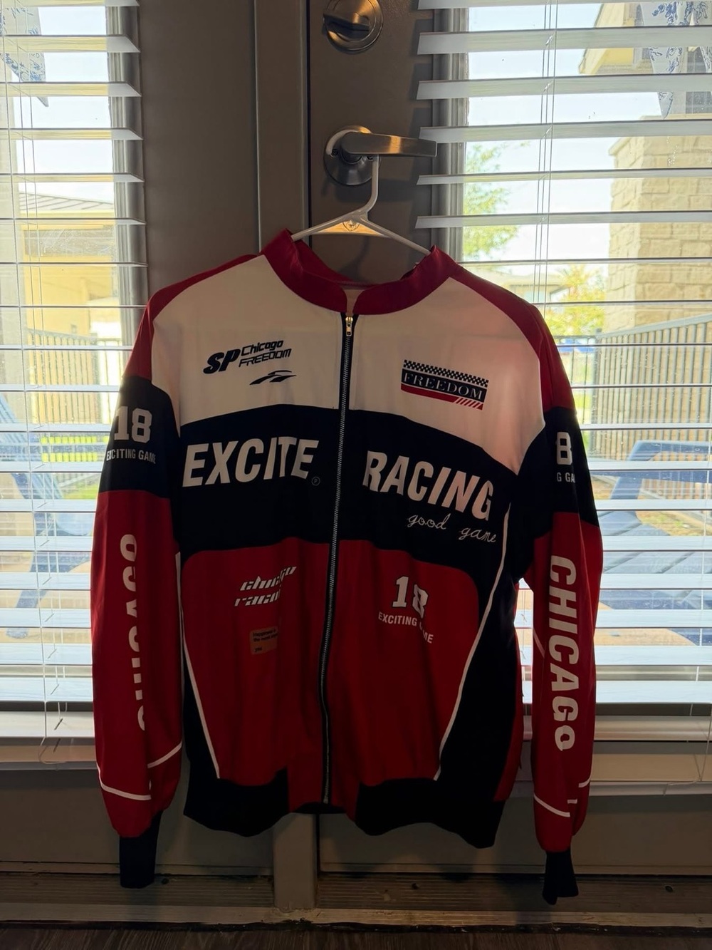 SHEIN Red, Black & White Racing Varsity Zip-Up Jacket